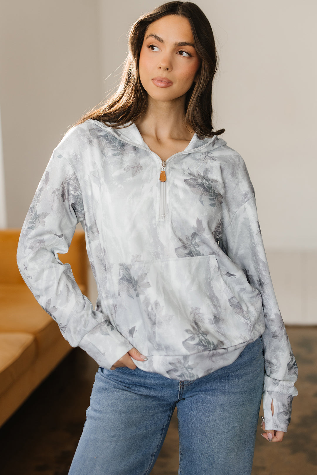 Camo Leaf Print Kangaroo Pocket Quarter Zip Hoodie