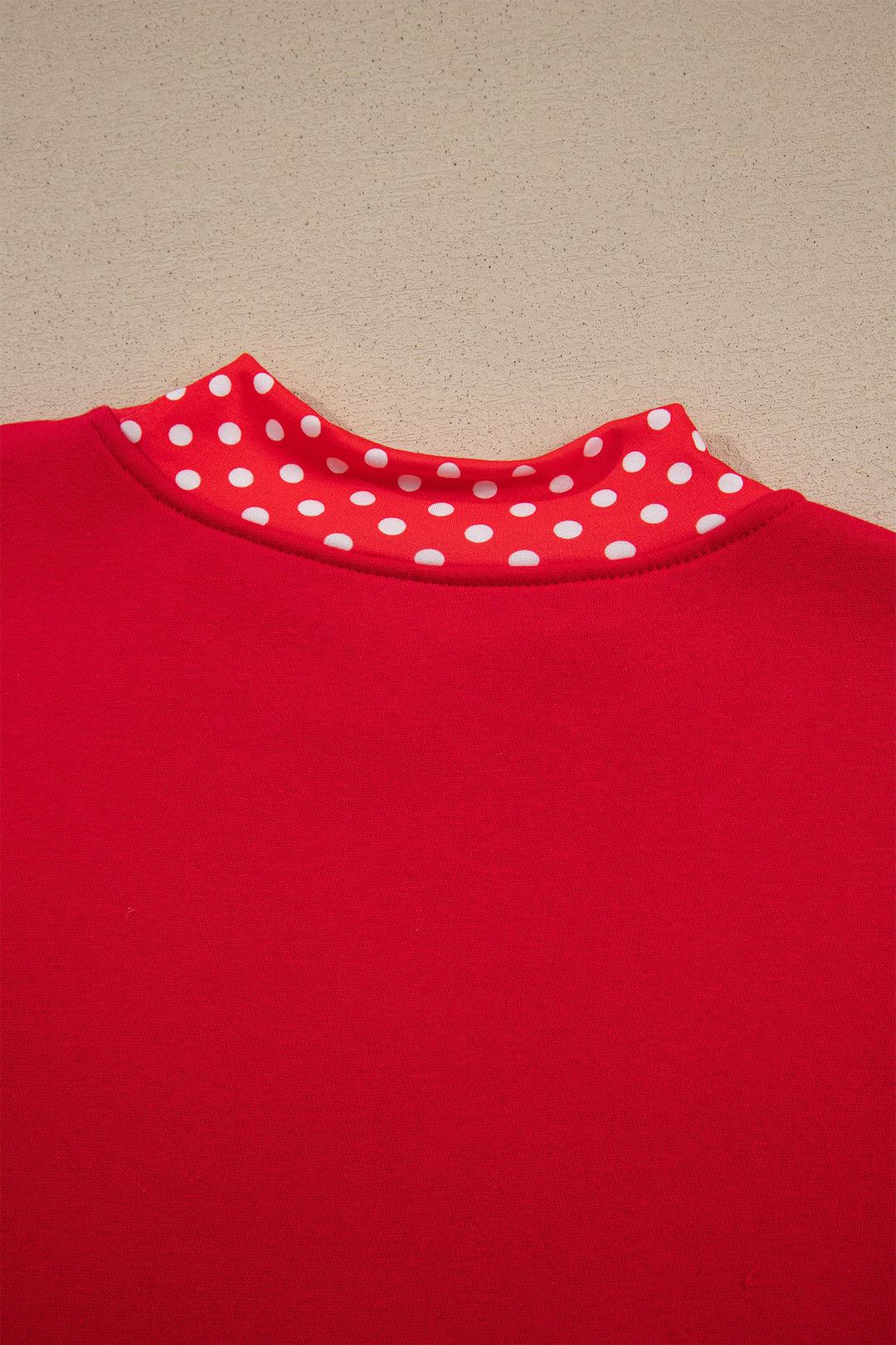 Tomato Red Polka Dot Letter Print Contrast Trim Mock Neck Sweatshirt