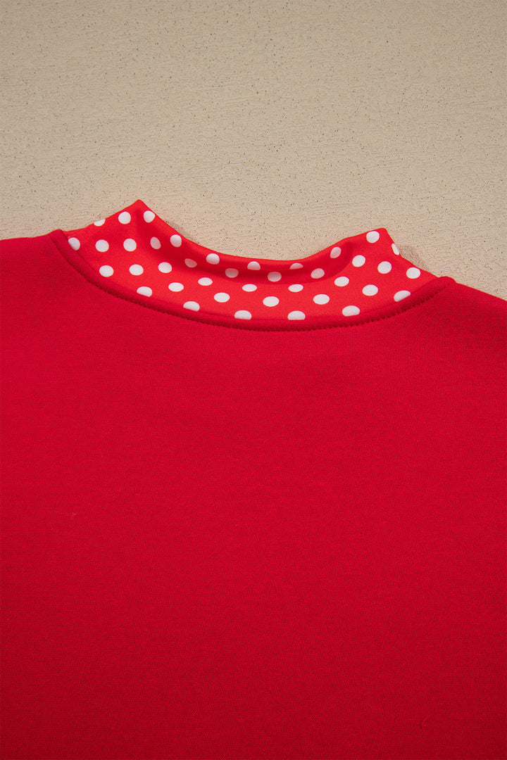 Tomato Red Polka Dot Letter Print Contrast Trim Mock Neck Sweatshirt