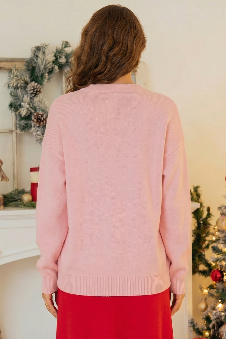 Gossamer Pink Towel Embroidery Slogan Pullover Sweater