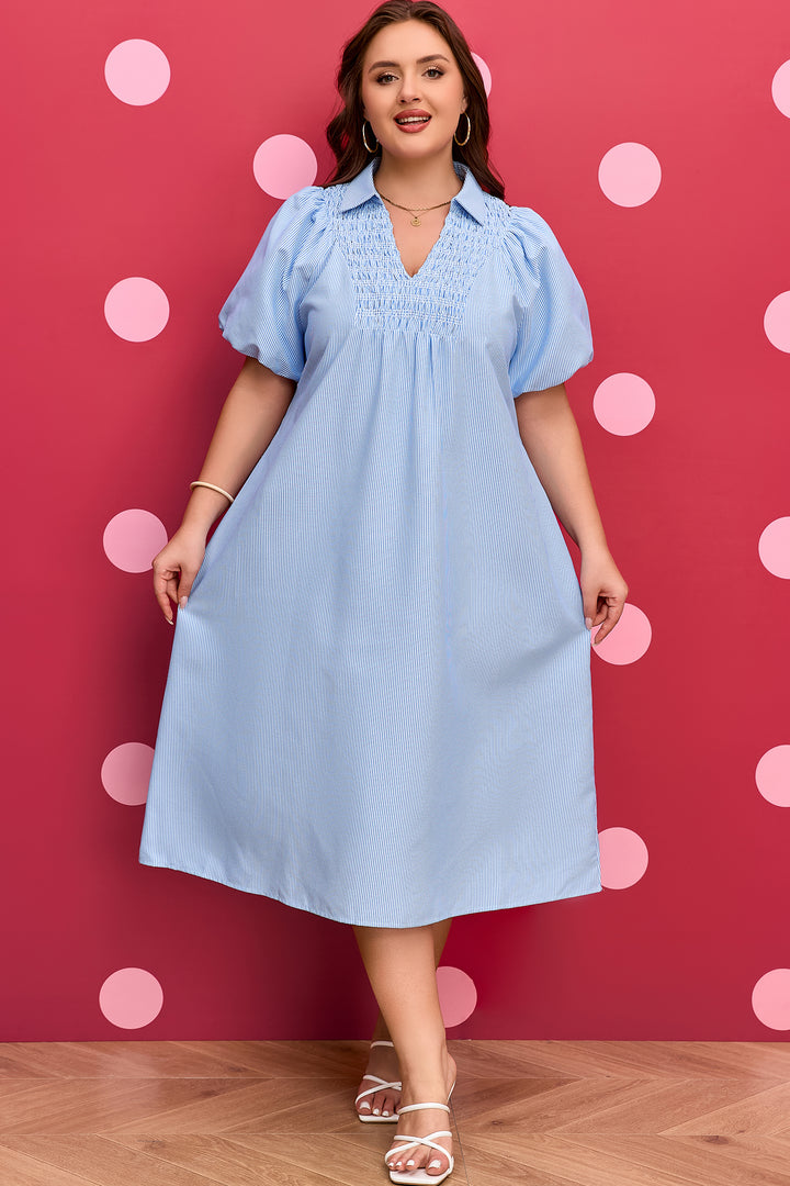 Sky Blue Stripe Shirred Detail Collar Plus Size Midi Dress