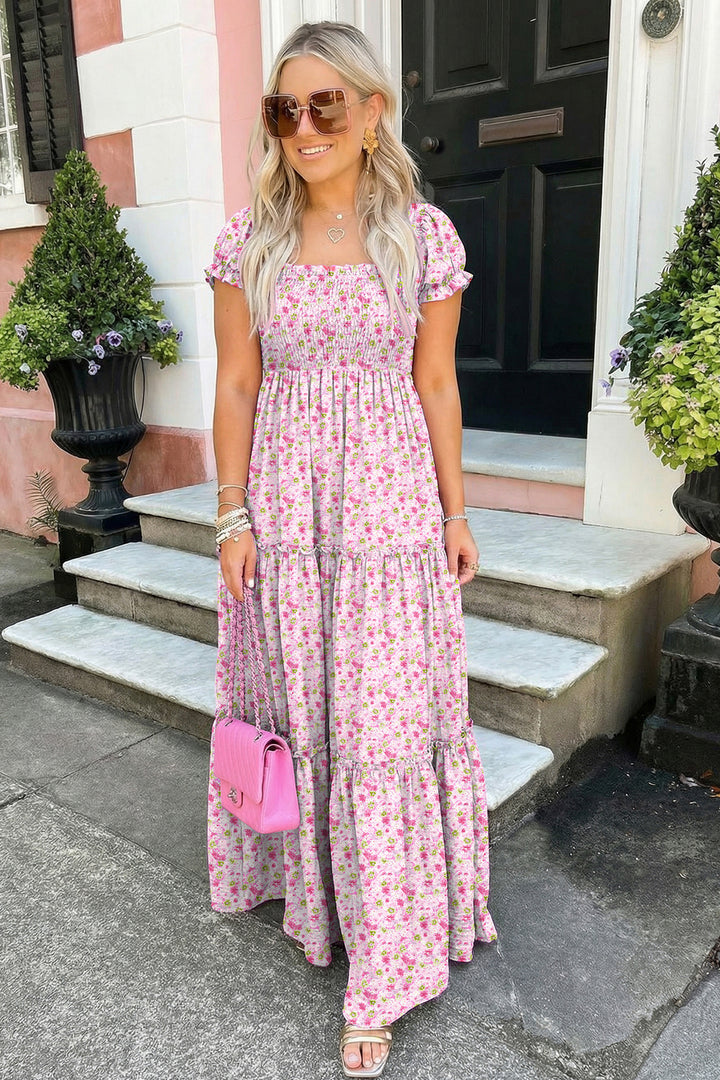 Pink Floral Short Shirred High Waist Maxi Dress