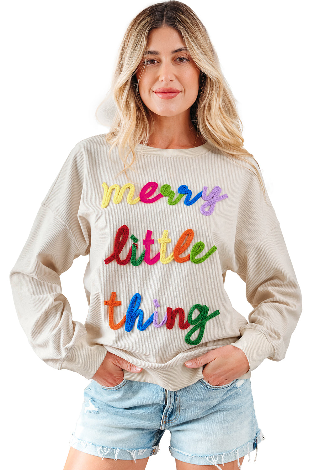 merry little thing Corded Letter Graphic Ribbed Loose Sweatshirt