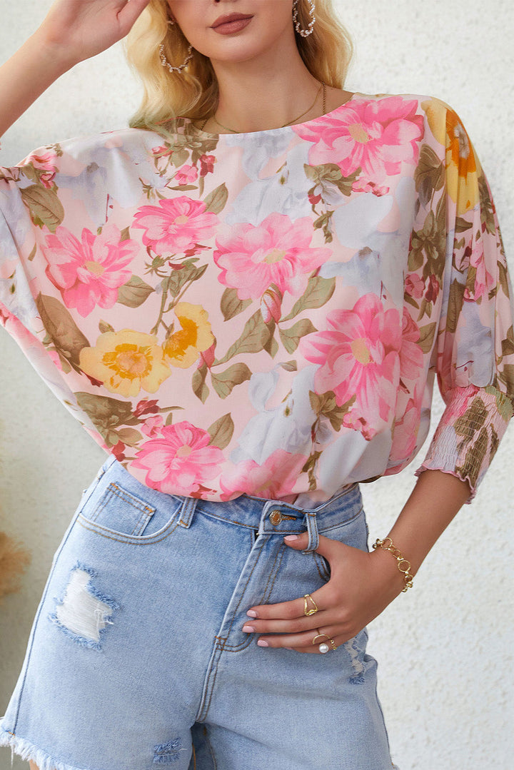 Pink Shirred Cuff 3/4 Sleeve Loose Fit Floral Blouse