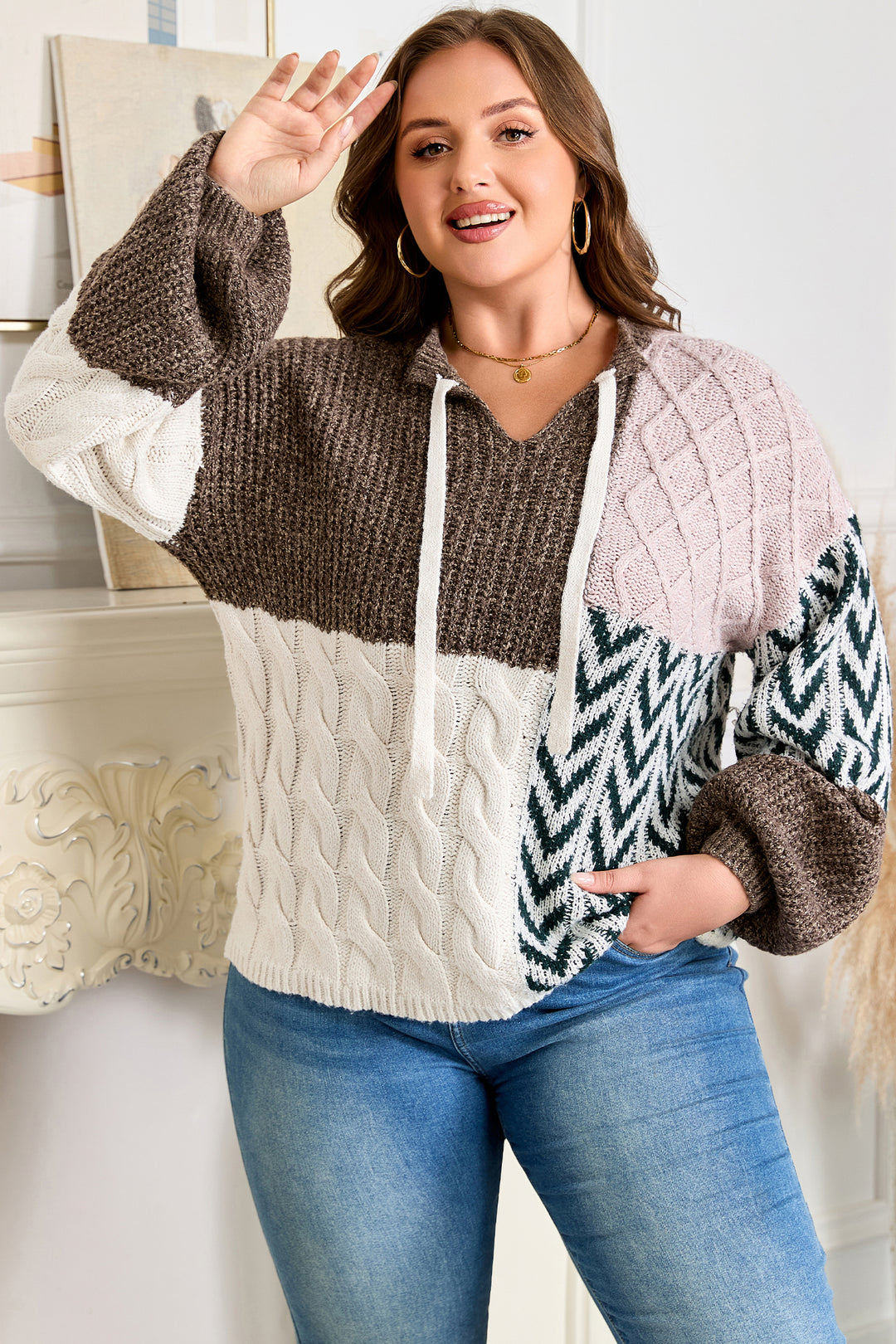 Brown Plus Size Color Block Patchwork Knotted Back Loose Fit Sweater