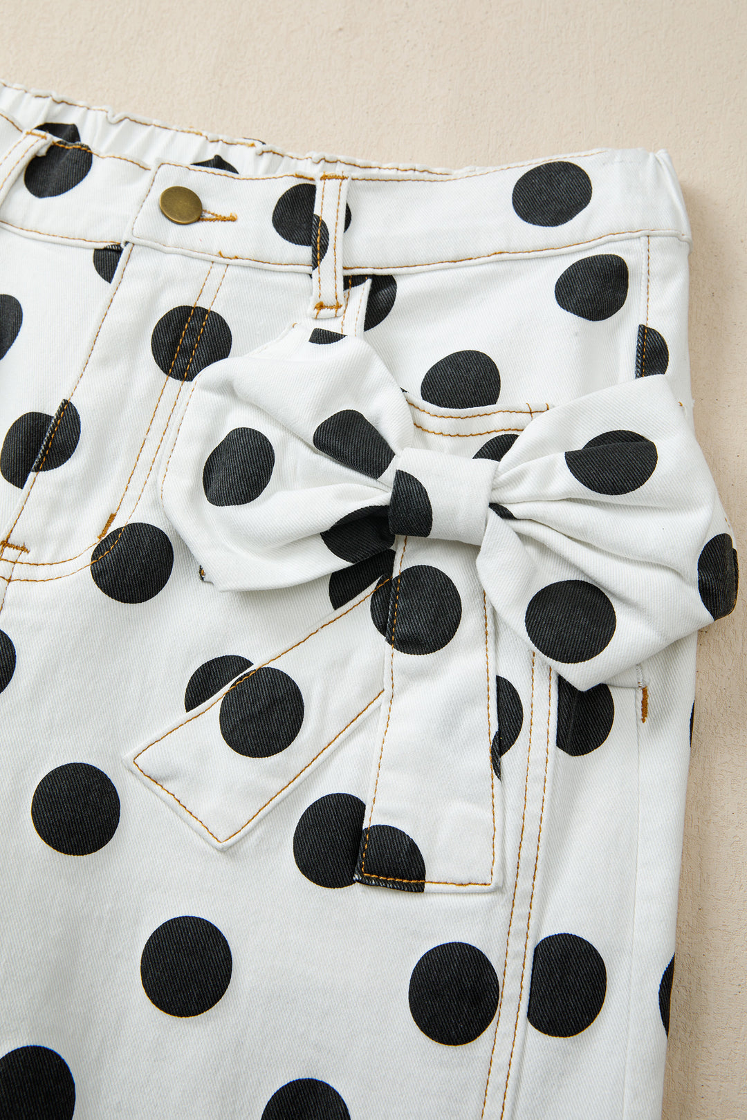 White Polka Dot Print Bow Detail Pocketed Barrel Jeans