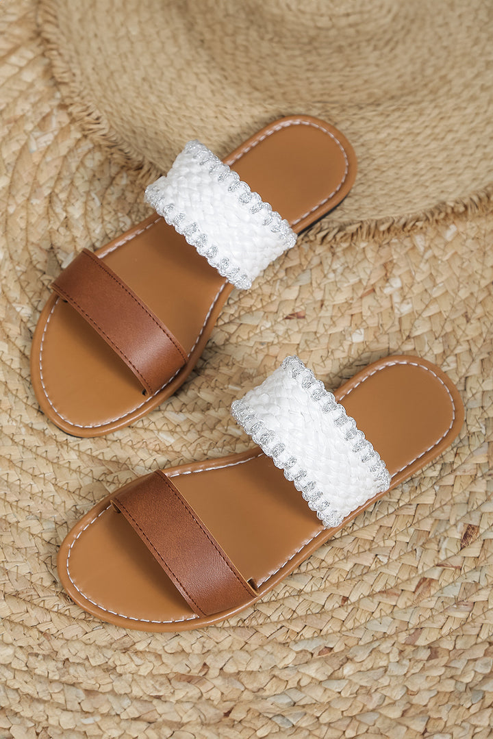 Faux Leather Woven Strap Flat Slippers