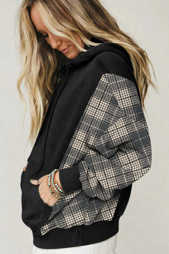 Black Plaid Sleeve Drawstring Pocket Hooded Sweatshirt