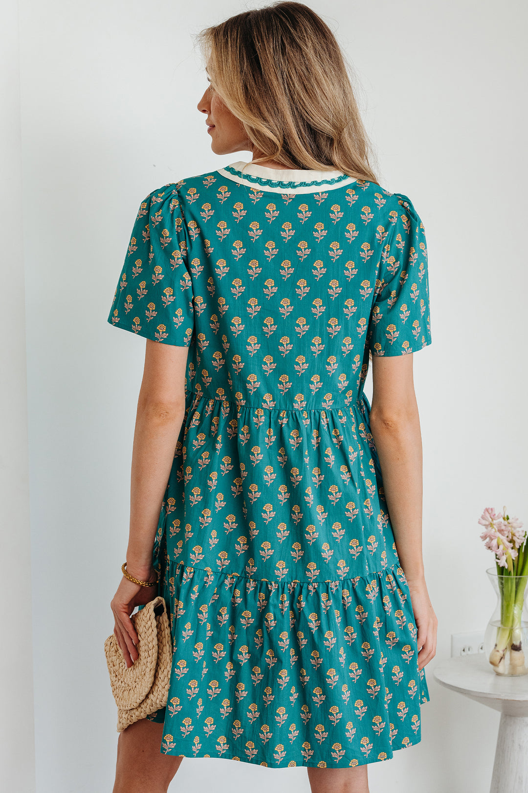 Contrast Trim V Neck Short Sleeve Floral Dress