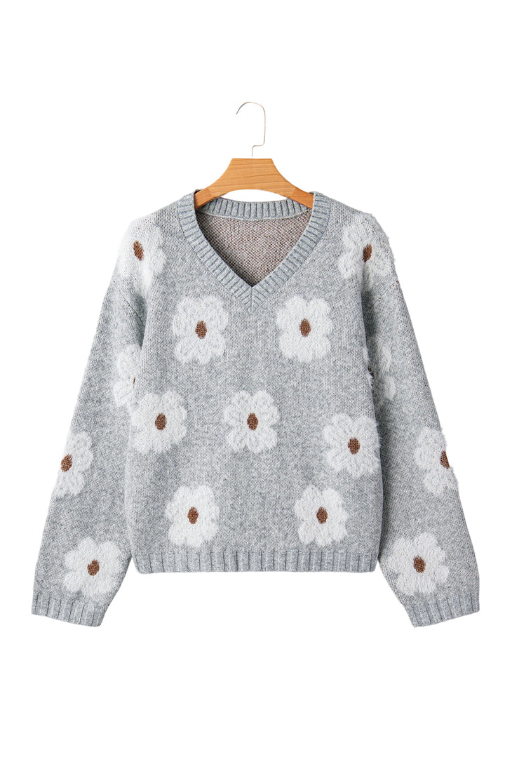 Cute Flower Print V Neck Drop Shoulder Baggy Sweater