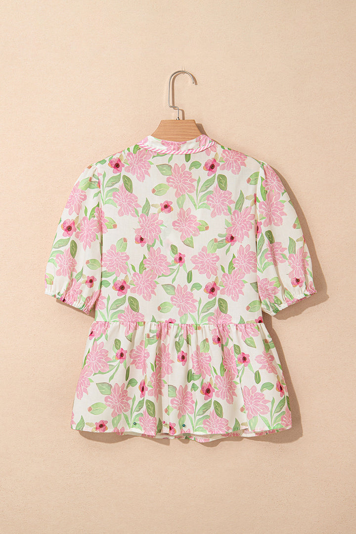 floral print drawstring v neck peplum blouse