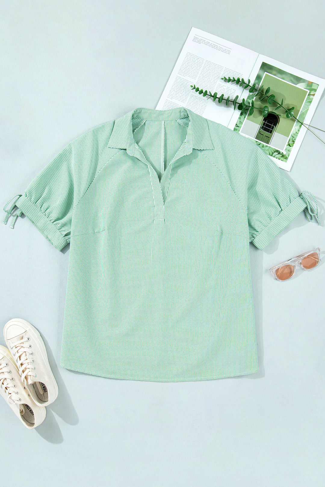 Mint Green Plus Size Striped Print Short Sleeve Blouse