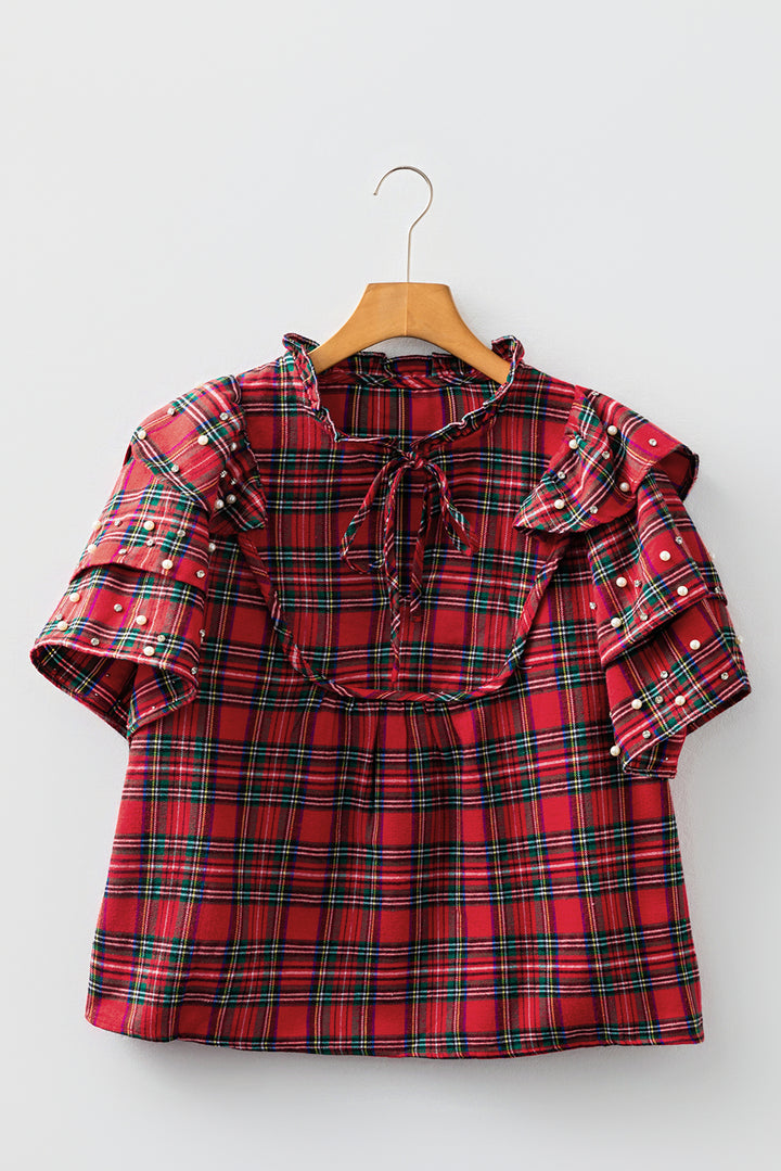 Festive Plaid Pearl Embellished Ruffle Short Sleeve Blouse