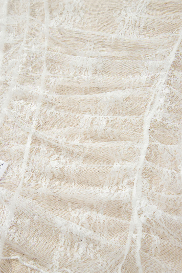 White Exposed Seam Ruched Sheer Floral Mesh Top
