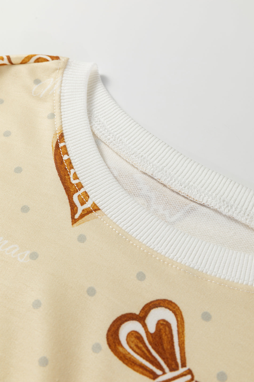 Beige Gingerbread Man Christmas Print Long Sleeve Pullover Lounge Short Set
