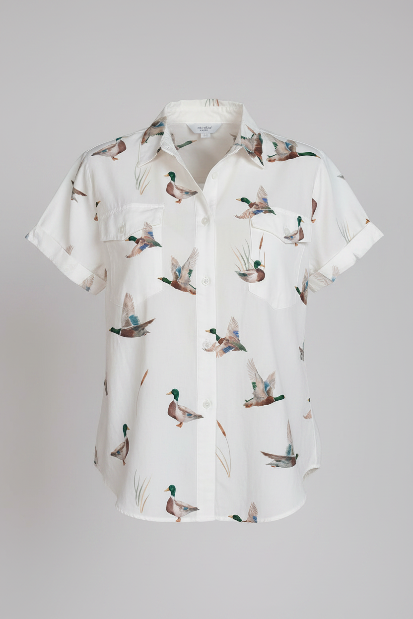 White Mallard Printed Button Flap Pocket Short Sleeve Shirt