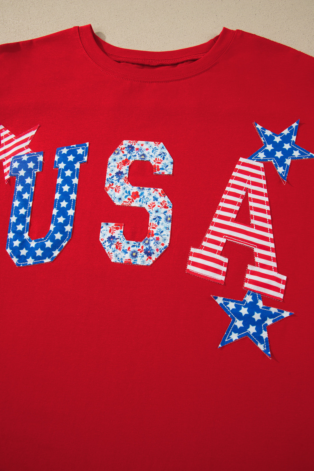 Fiery Red Patriotic USA Slogan Patch Embroidery Short Sleeve T Shirt