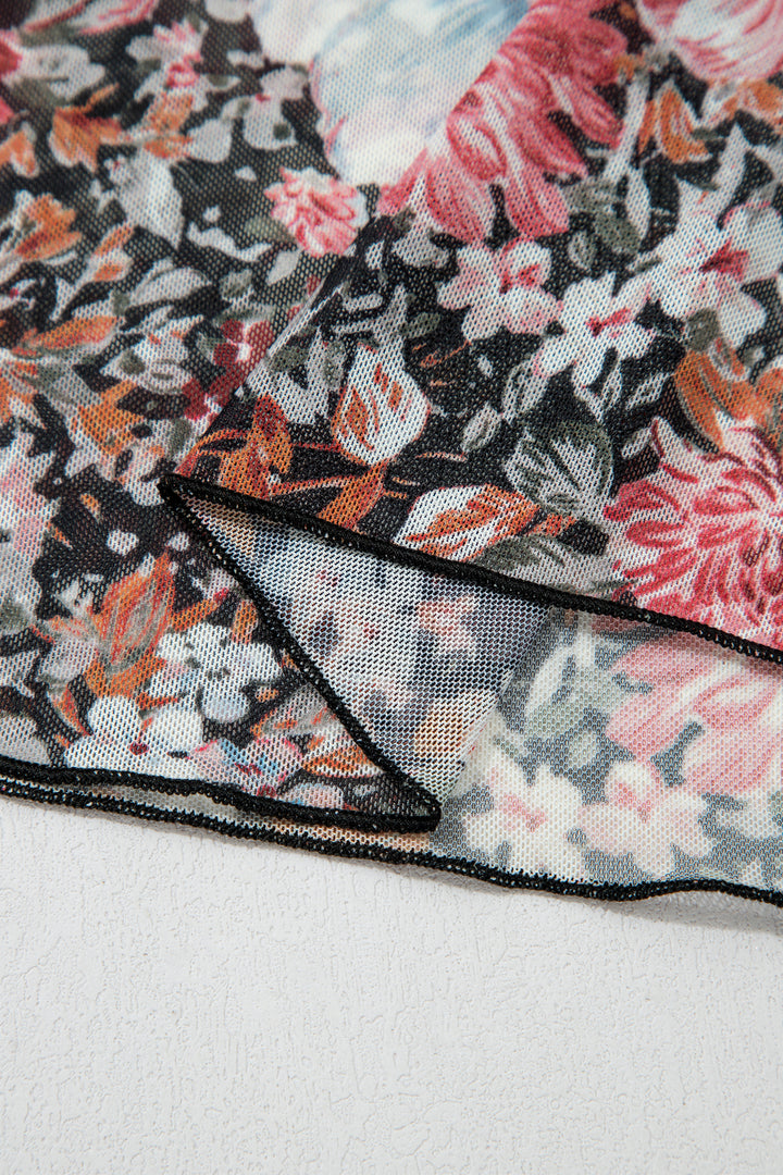 Brown Floral Printed Mesh Short Sleeve Top