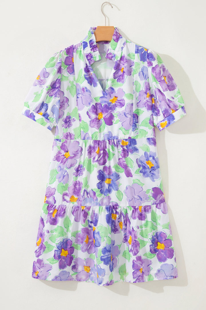 Purple Floral V Collar Short Sleeve Tiered Ruffle Mini Dress
