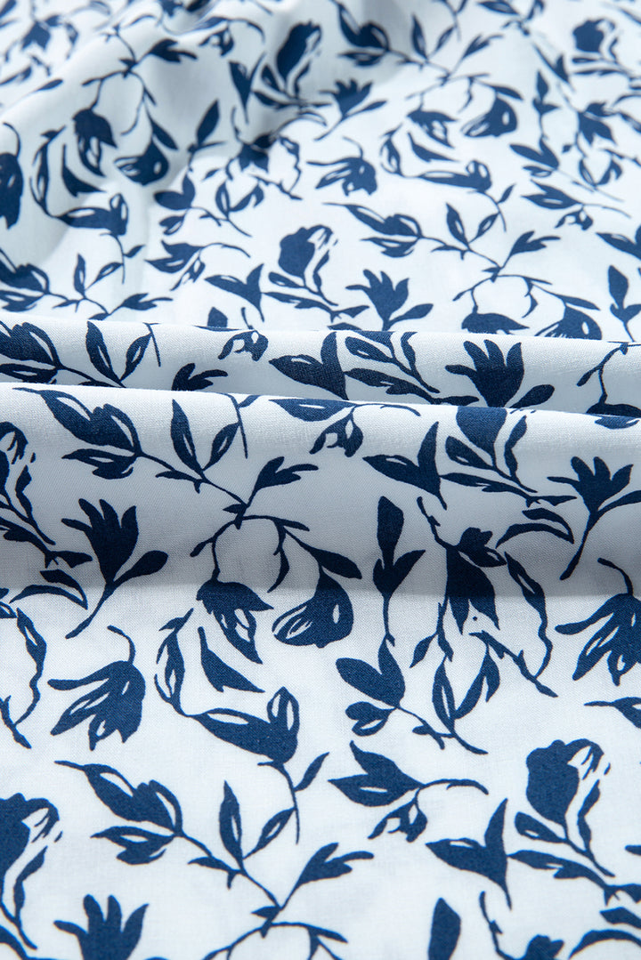 Blue Printed Lace Detail Floral Puff Sleeve Fall Shirt