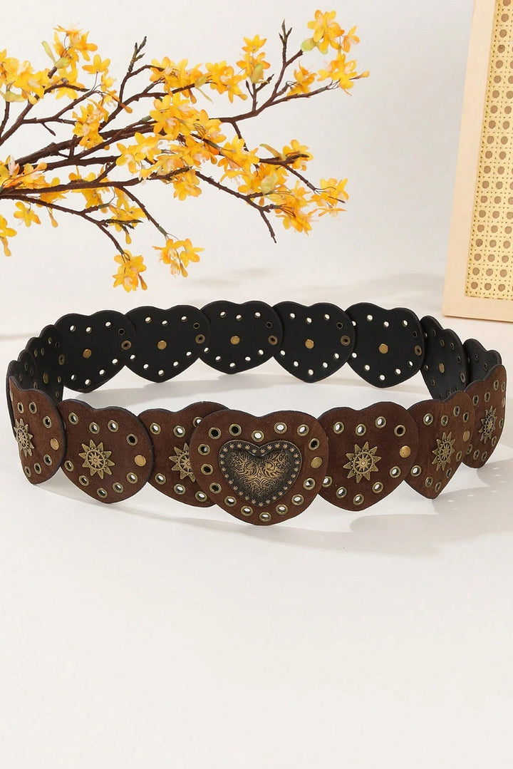 Ceinture bohème vintage en PU avec détails en bronze et cœur connecté