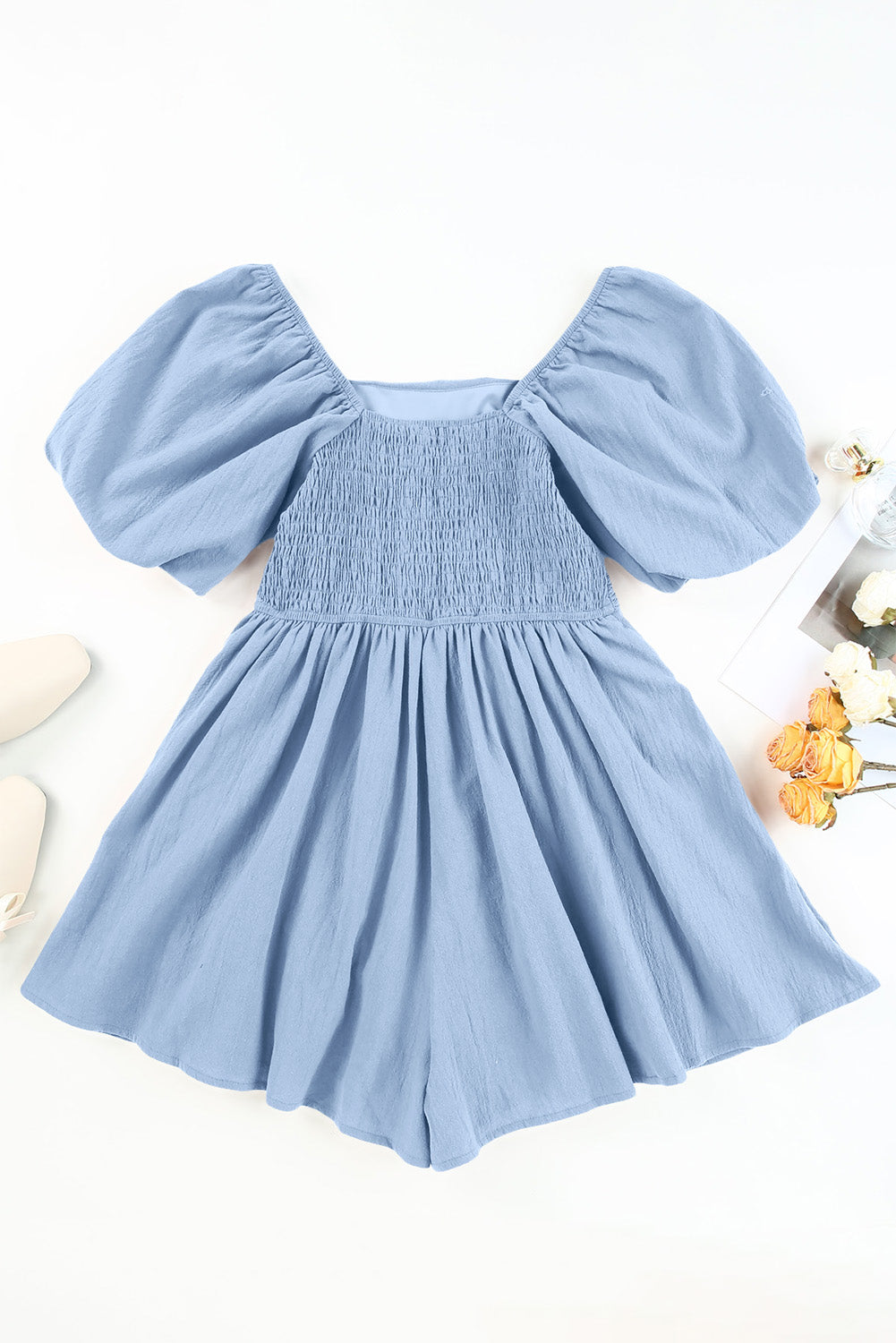 Sky Blue Brown Square Neck Ruched Puff Sleeve Romper