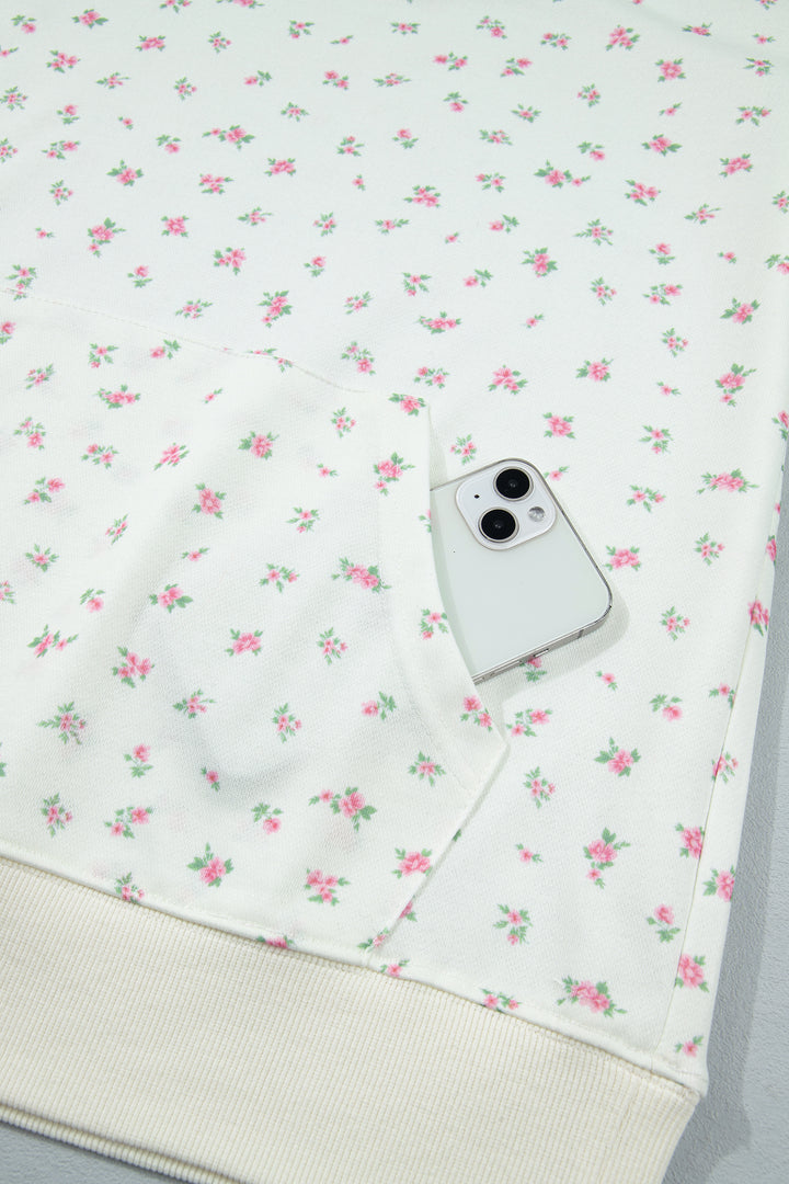 White Floral Print Ribbing Drawstring Hem Long Sleeve Hoodie