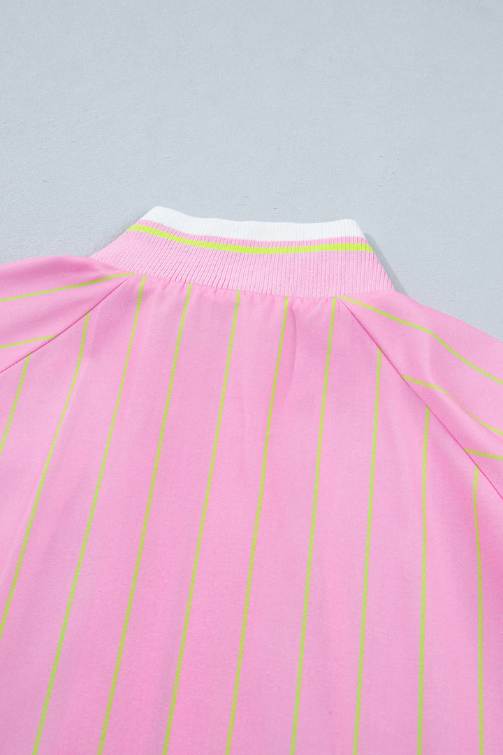 Pink Stripe Striped V-Neck Half Sleeve Zipper Ribbed Cuff Casual Shift Blouse