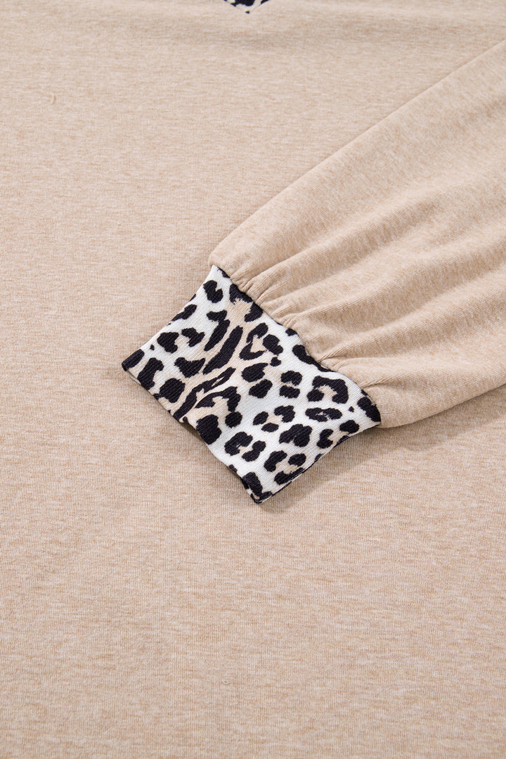 Parchment Leopard Patchwork V Neck Long Sleeve Plus Size Top