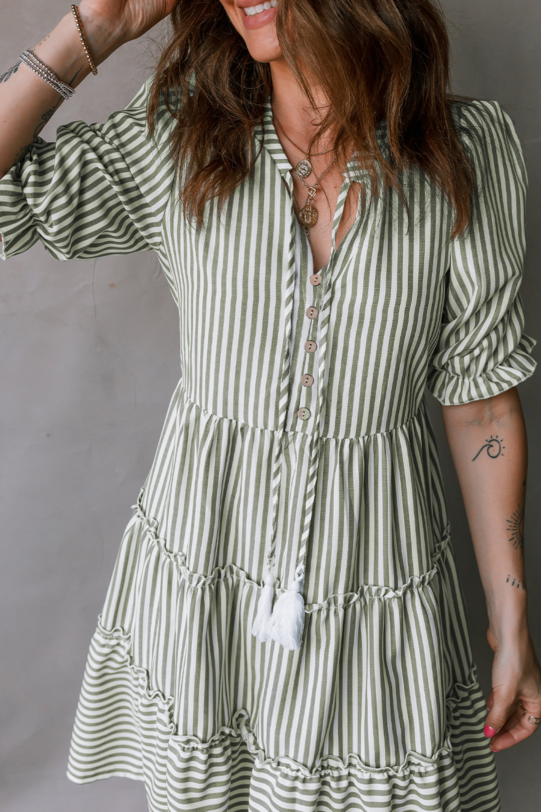 Tasseled Tie Neck Ruffled Short Sleeve Tiered Flattering Dress