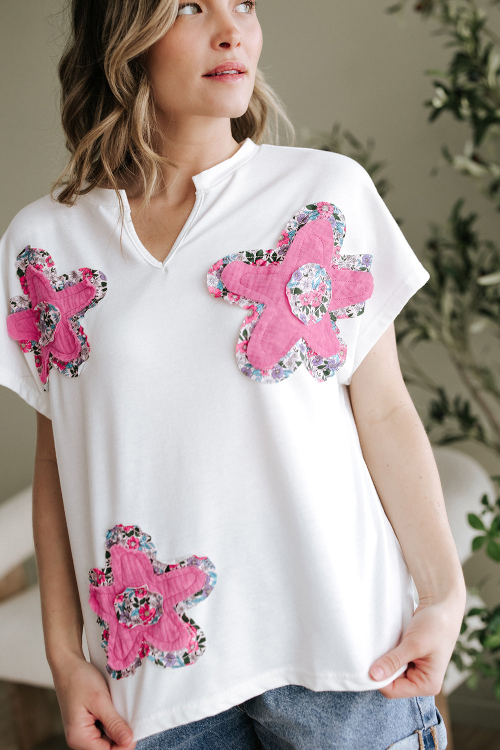 Floral Applique Notched V Neck Dolman Sleeve Top