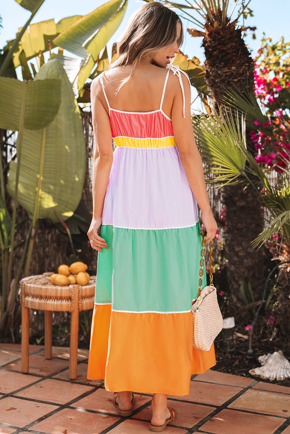Colorblock Self-tie Straps High Waist Flowy Maxi Dress with Pockets