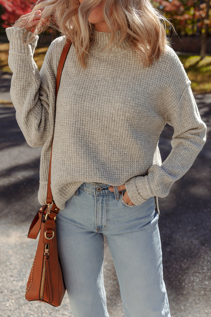 Waffle Texture Knit Ribbed High Neck Drop Shoulder Sweater