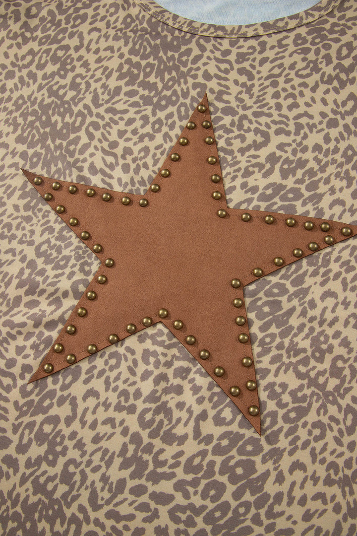 Khaki Leopard Retro Studded Star Patch Loose Tee