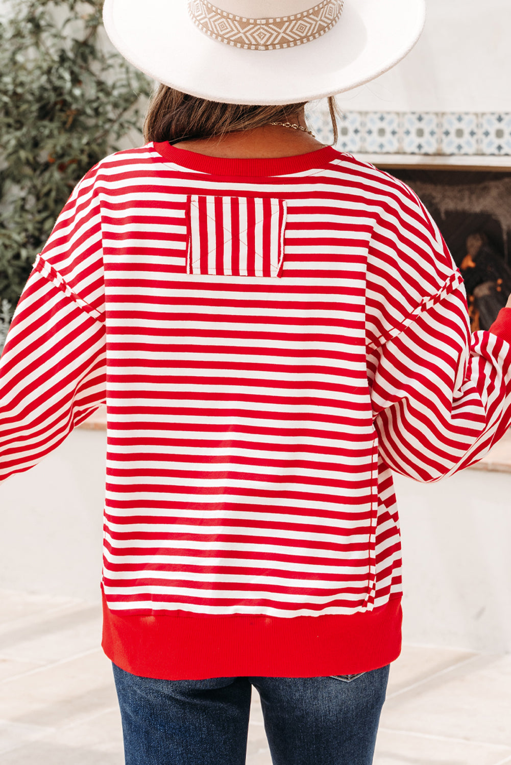 Red Stripe Exposed Seam Cotton Casual Pullover Top