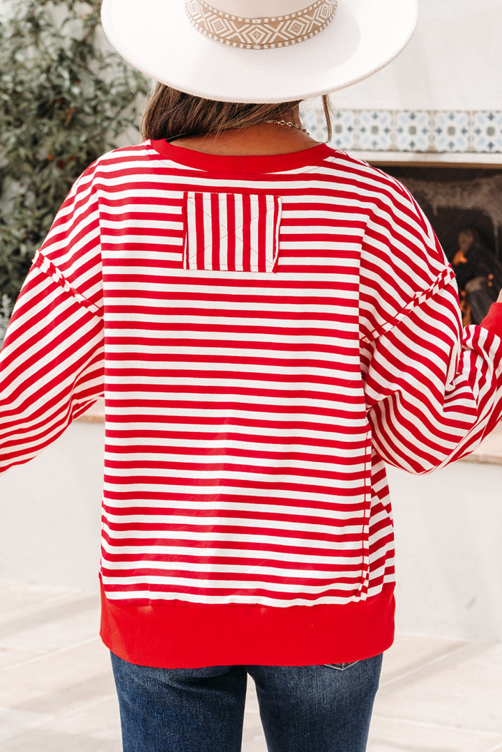 Red Stripe Exposed Seam Cotton Casual Pullover Top