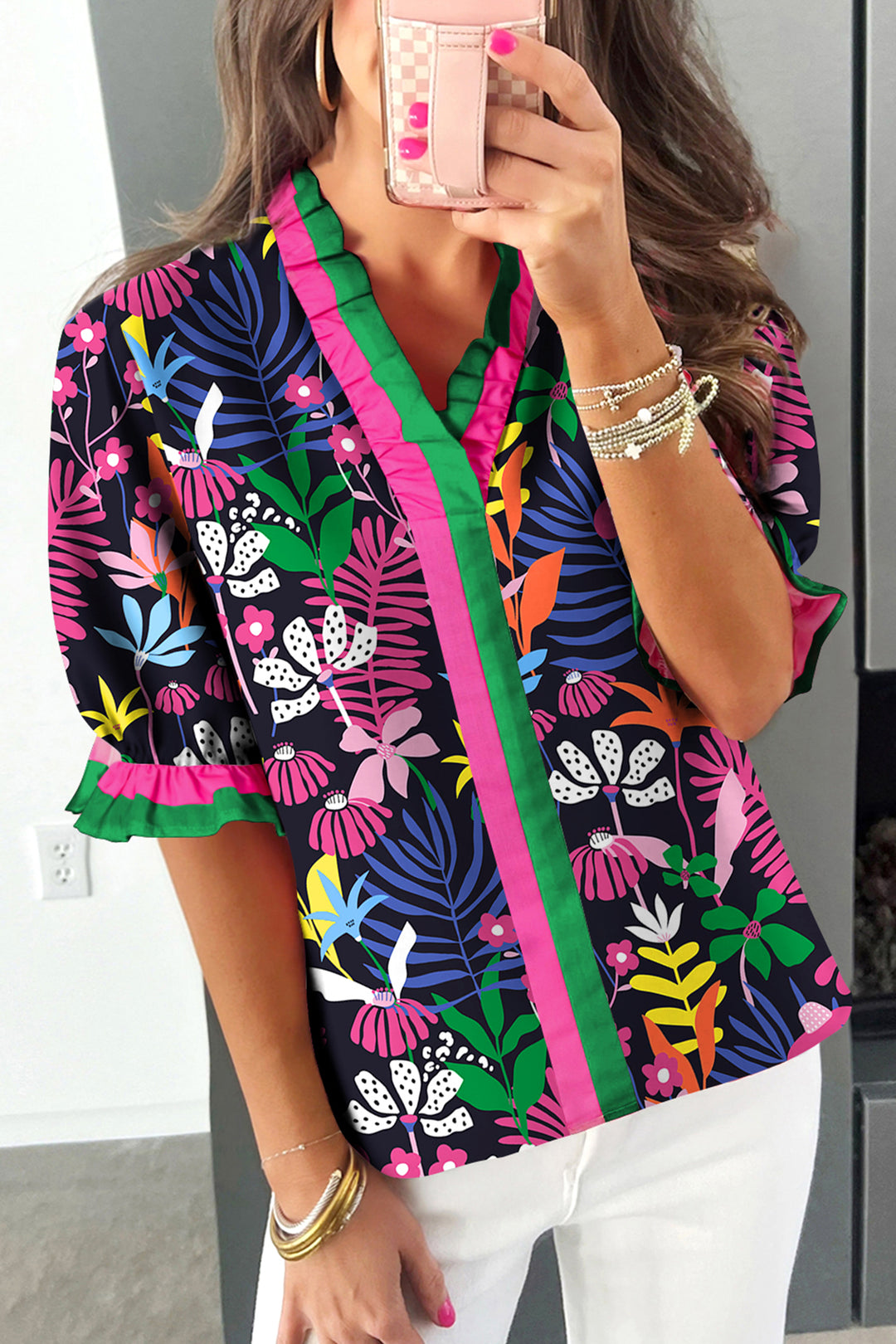 Rose Floral Print Frilled Contrast Striped Trim V Neck Short Sleeve Blouse
