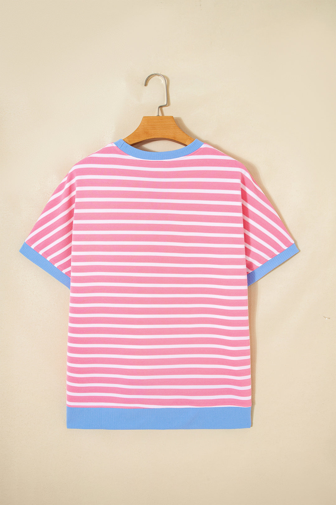 Pink Stripe Contrast Trim Loose Short Sleeve Top