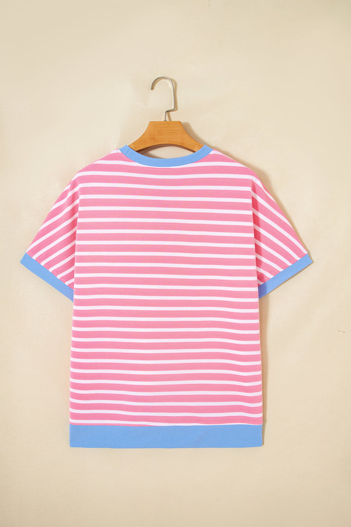Pink Stripe Contrast Trim Loose Short Sleeve Top