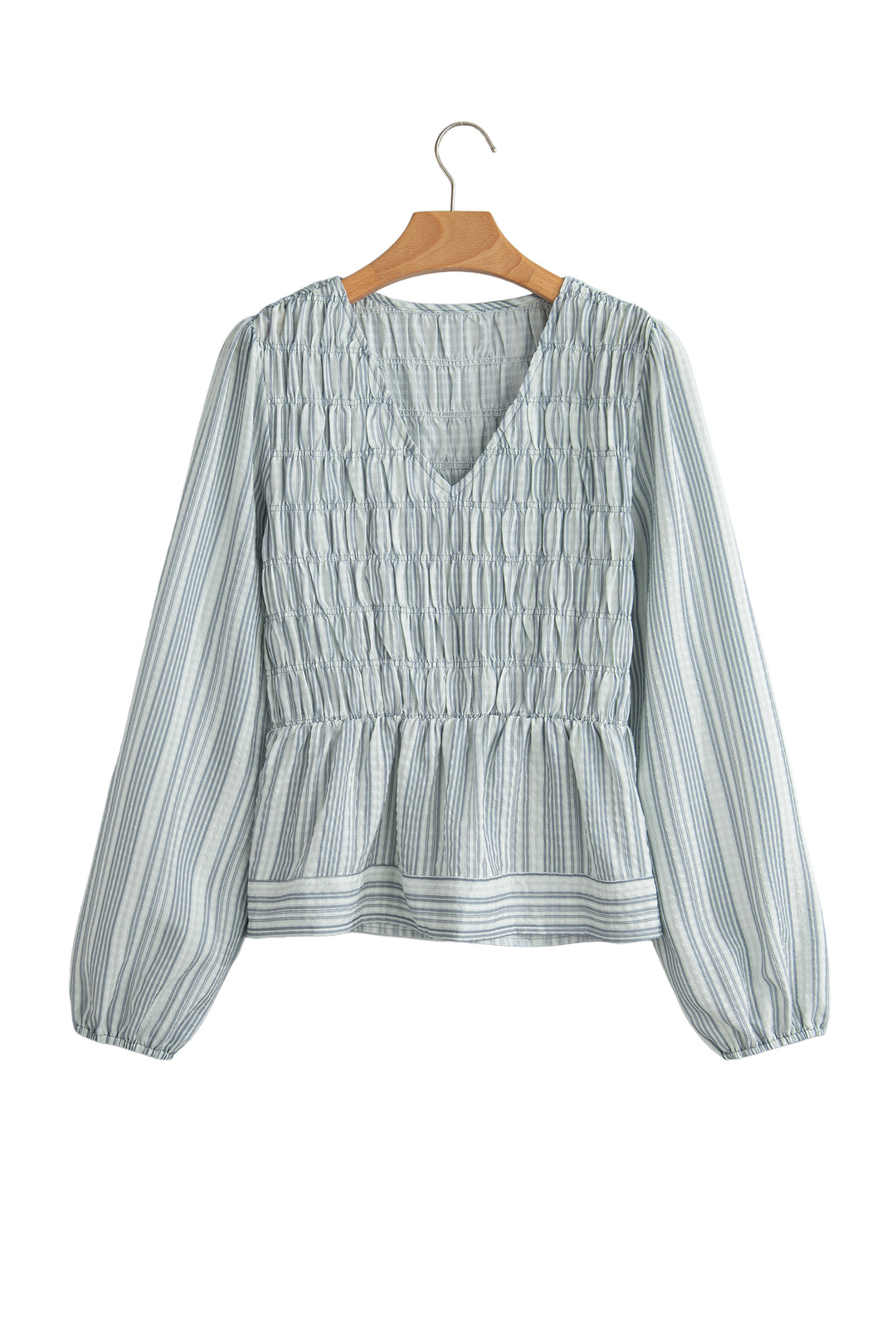 Blue Stripe V Neck Shirred Long Sleeve Blouse