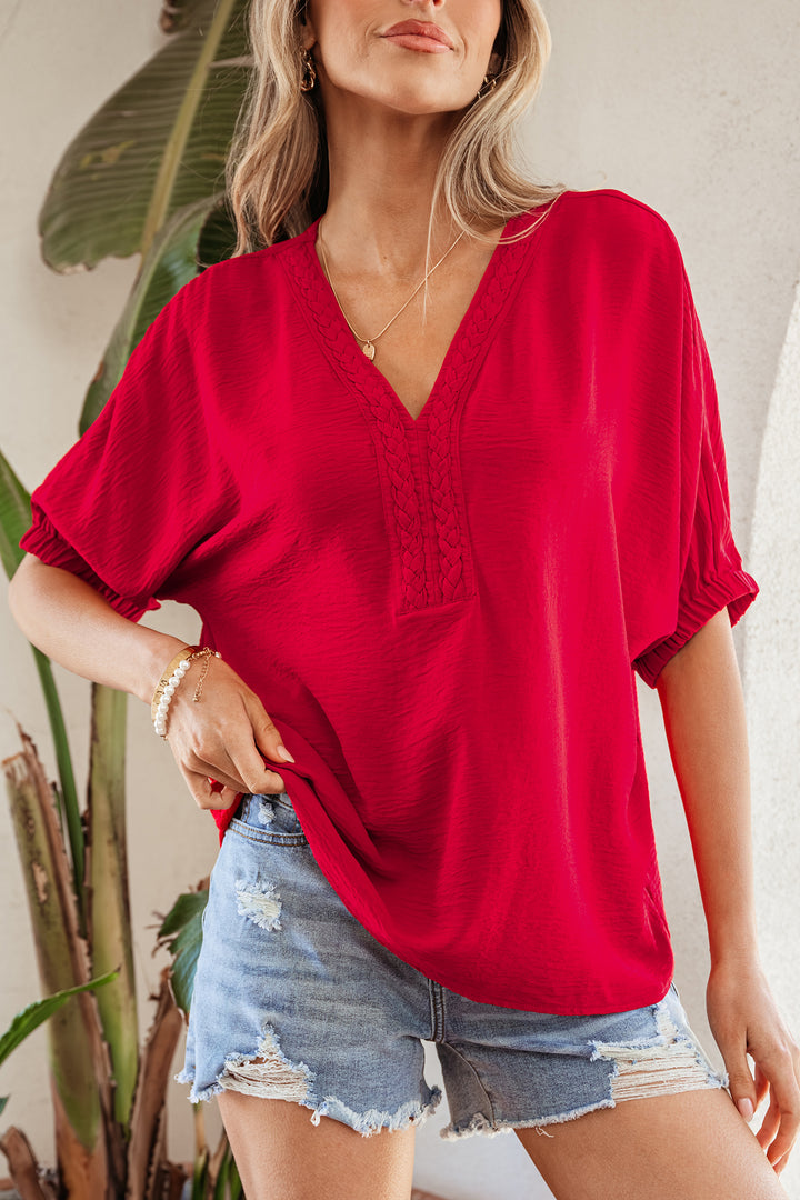 Braided Trim V Neck Half Sleeve Blouse
