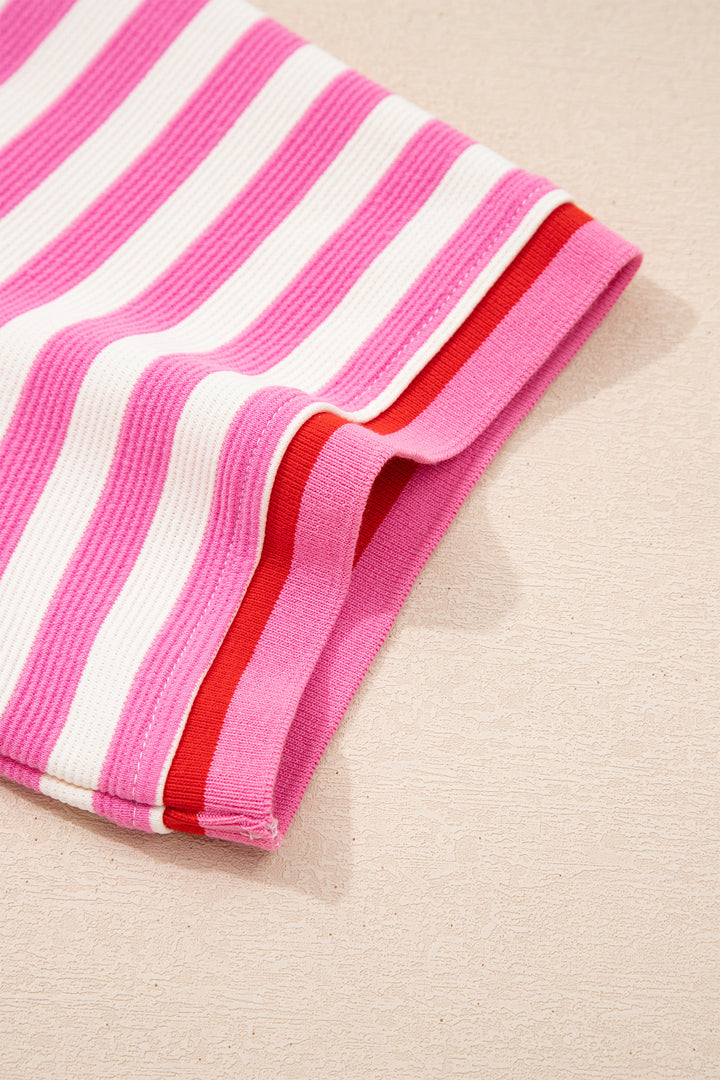 Pink Stripe Contrast Trim Short Sleeve Top Loose Shorts 2pcs Casual Outfit