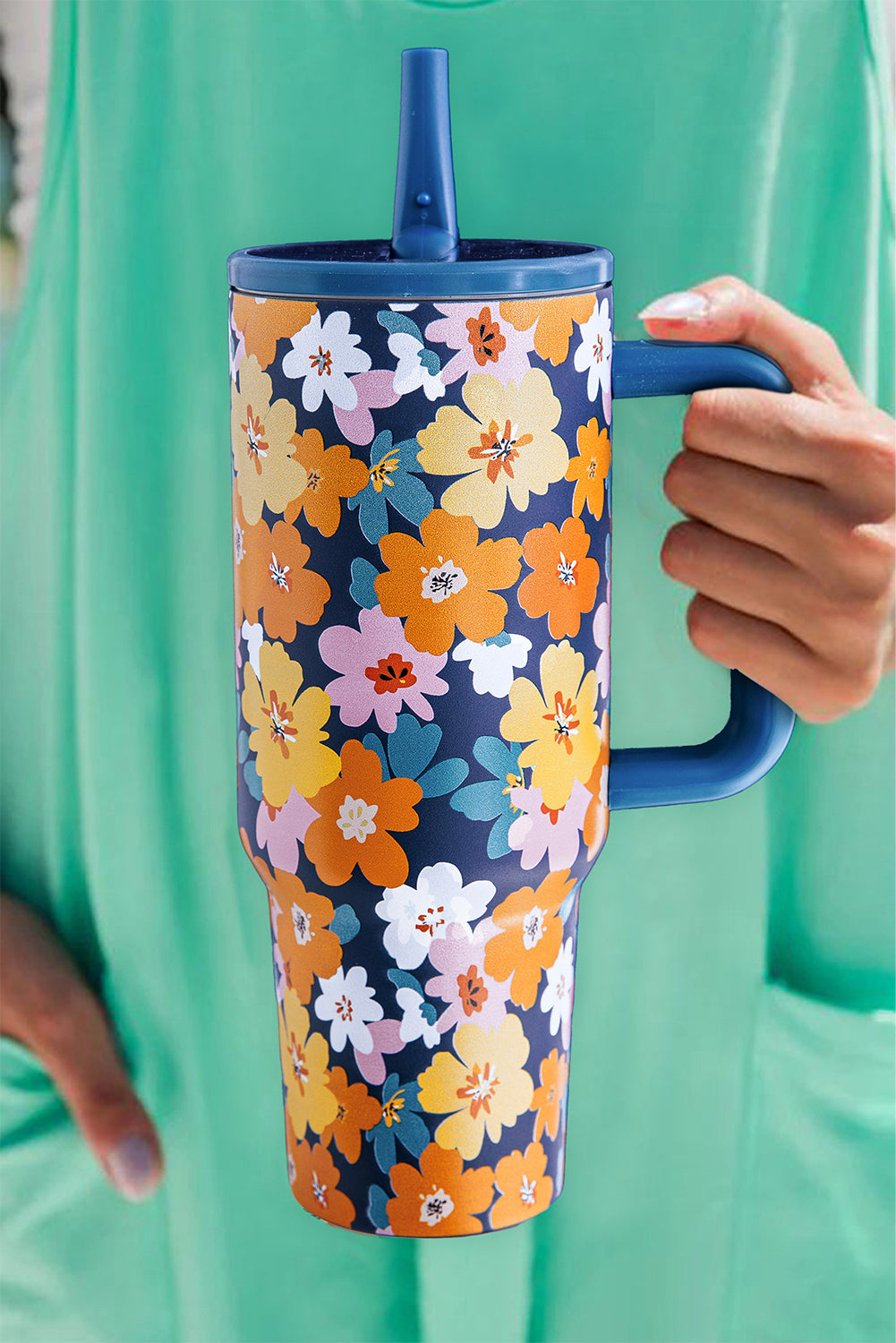 Grande tasse à vide en acier inoxydable à imprimé floral