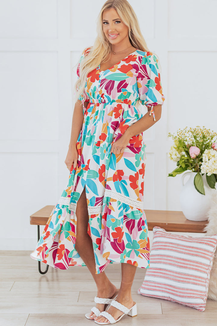 Floral Knot Puff Sleeve V Neck Buttoned Front Split Lace Maxi Dress