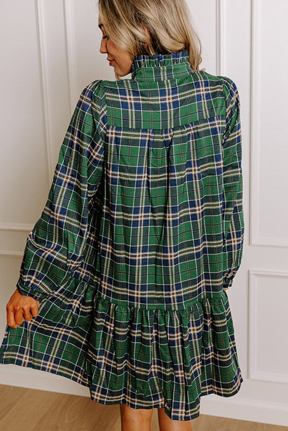 Plaid Print Frilly Collar Long Sleeve Shift Mini Dress