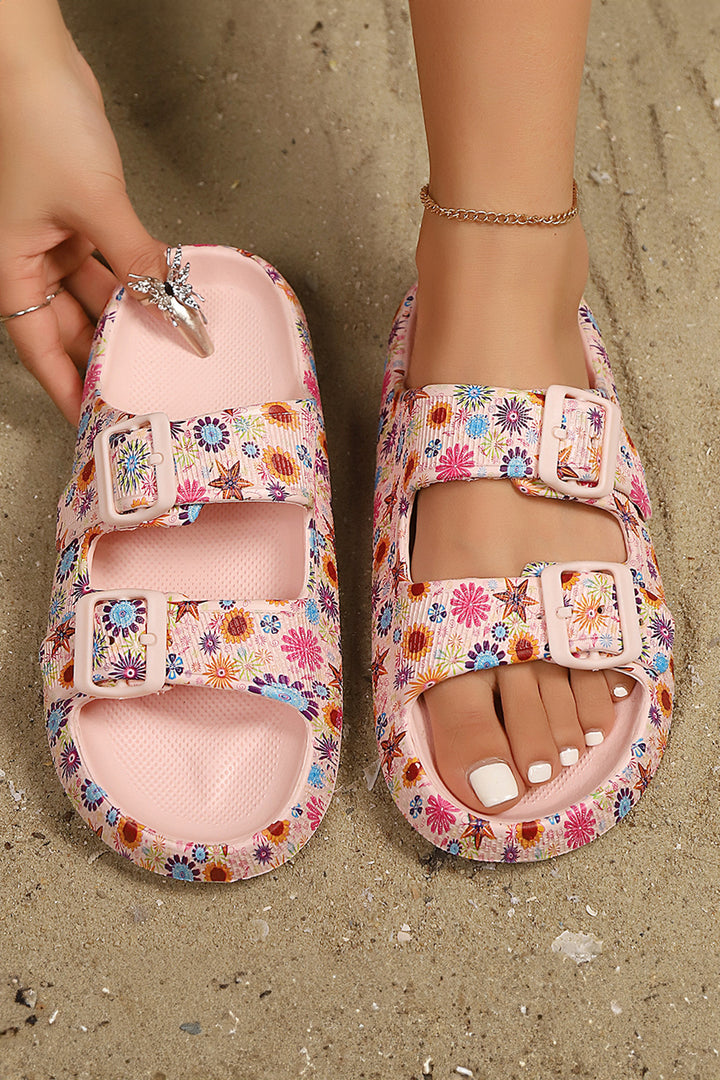 Floral Print Double Buckle Casual Slippers