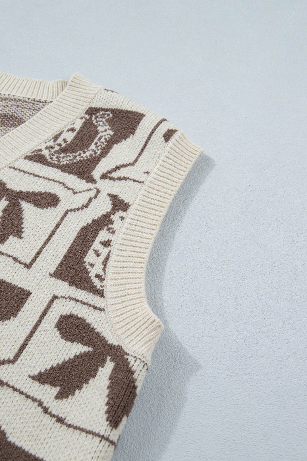 Brown Western Horseshoe Bow Printed V Neck Loose Sweater Vest