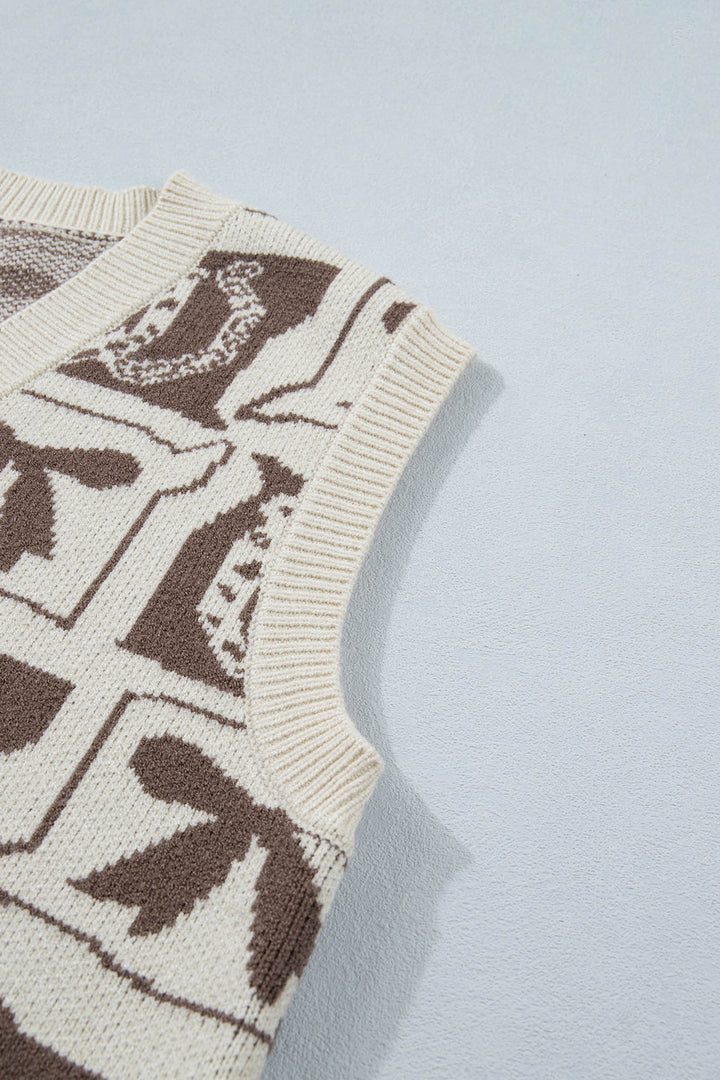 Brown Western Horseshoe Bow Printed V Neck Loose Sweater Vest