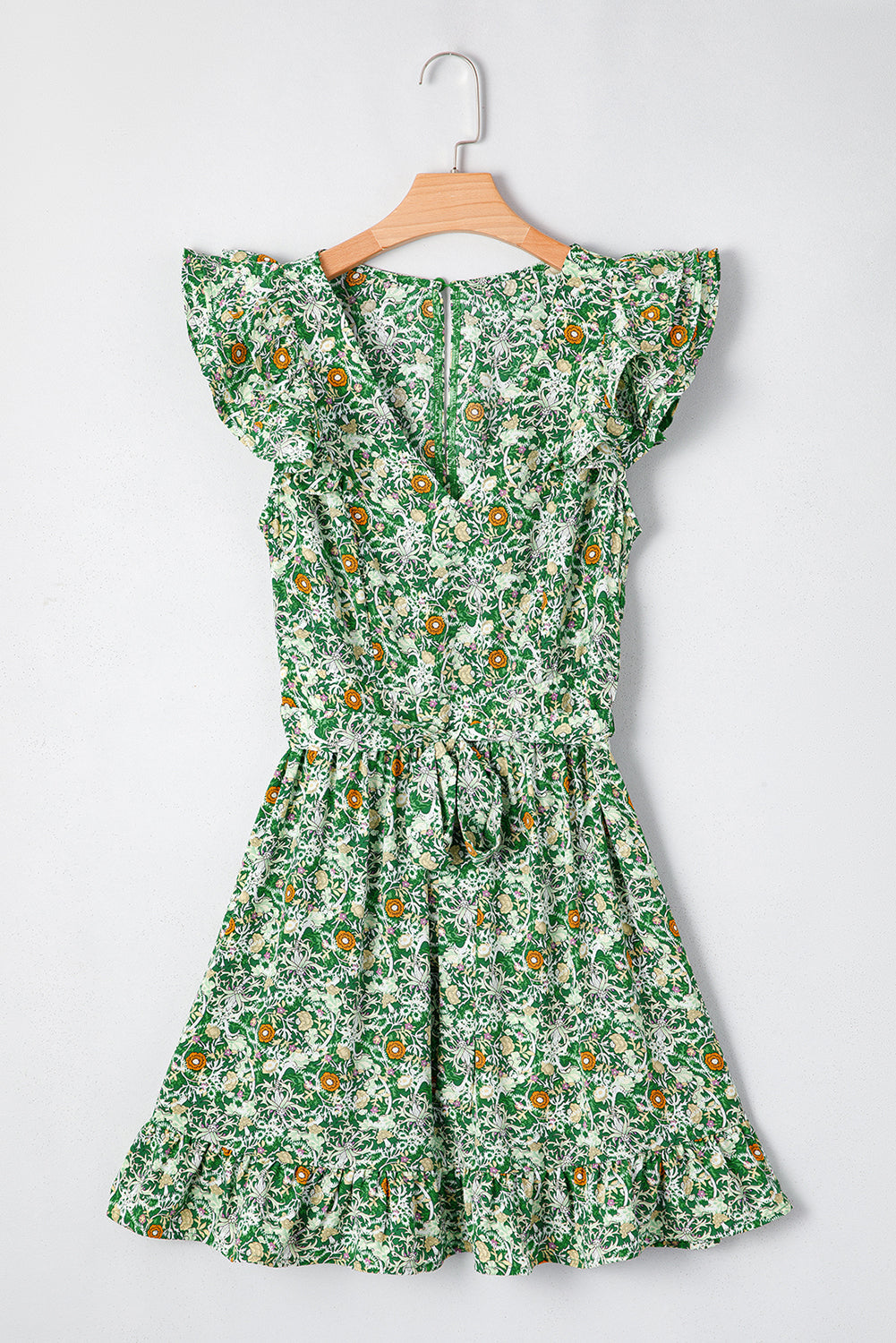 Flower Print Flutter Sleeve V Neck Sashed Ruffled Mini Dress