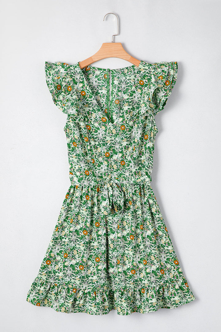 Flower Print Flutter Sleeve V Neck Sashed Ruffled Mini Dress